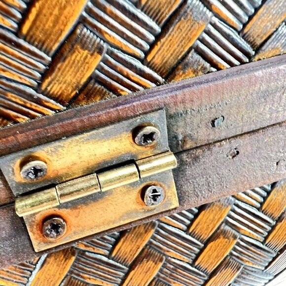 Vintage Wooden & Woven Leather Handbag Purse Brass Latch Hinges Straps - Picture 10 of 16